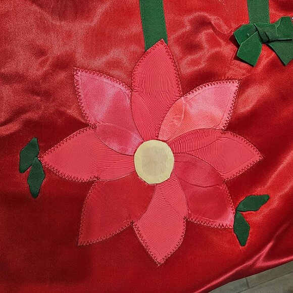 Vintage Red Satin Maxi Skirt Medium Christmas Green Ribbons & Floral Appliqués - Picture 3 of 9